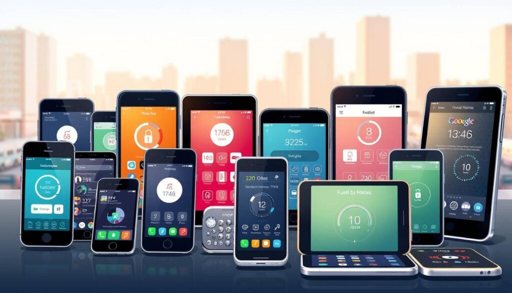 na imagem vemos aplicativos de combustível em varias marcas de celulares